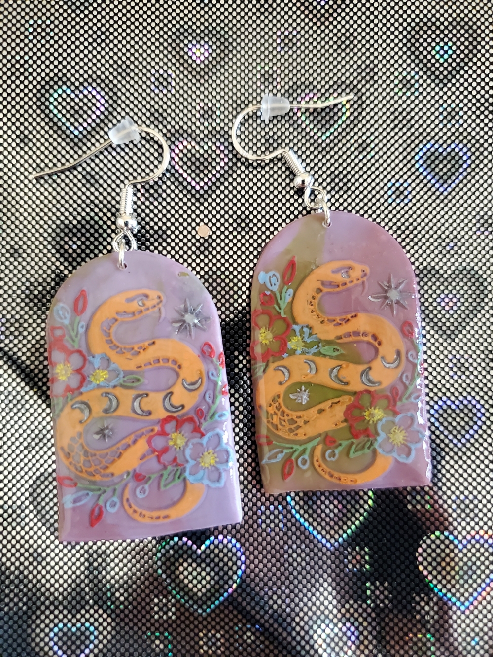 Handmade Snake & Floral Dangle Earrings